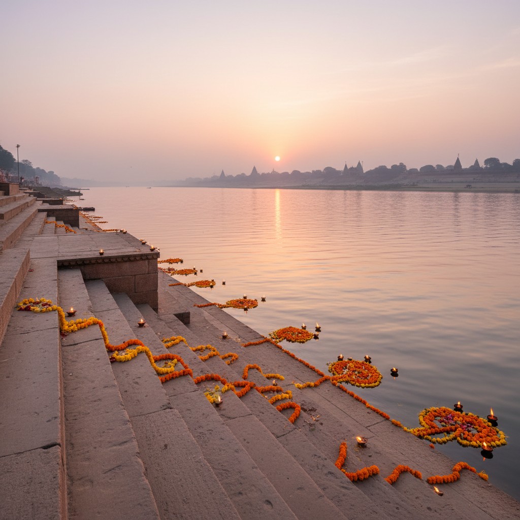 The alt text is: "A serene riverbank at sunset, with a stone staircase and vibrant flower arrangements, set against the ba...