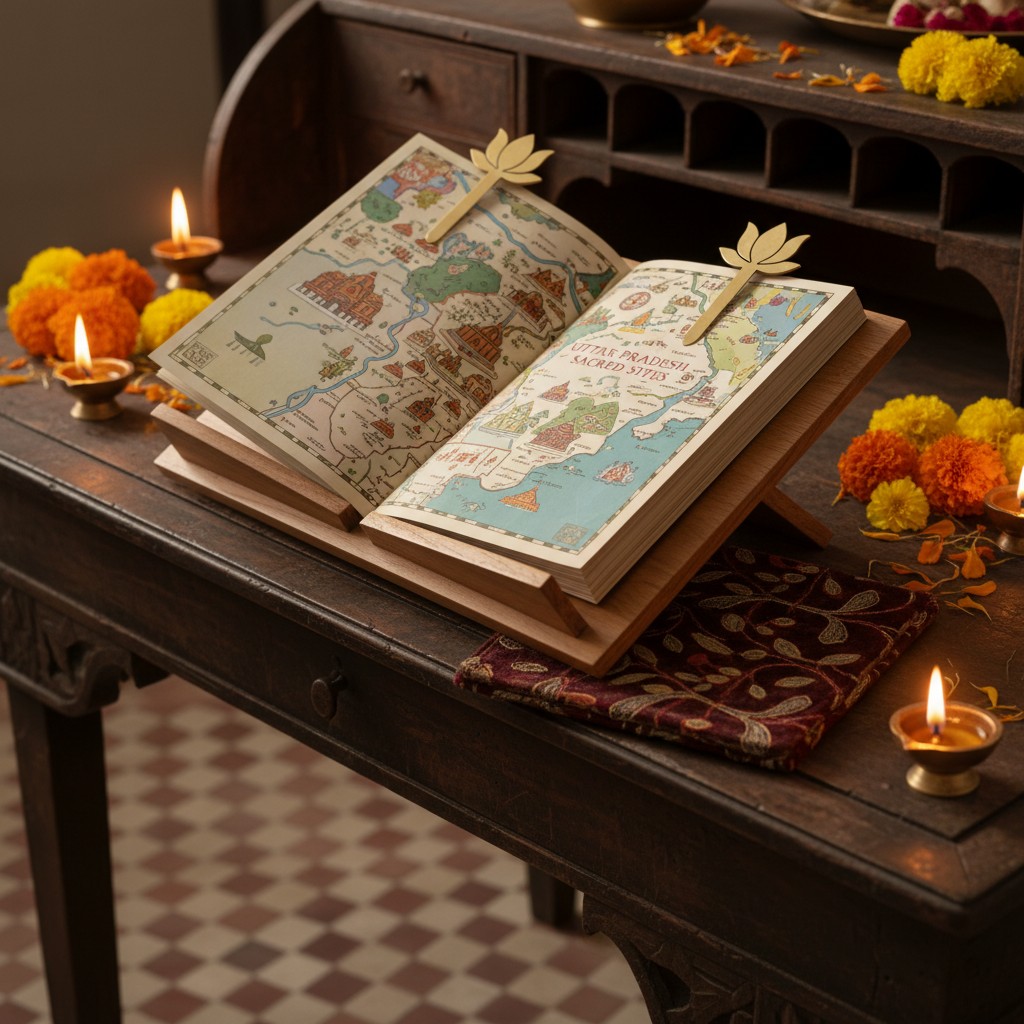 (Map of India featuring colorful local maps of sacred cities typically shown open on an ornate wooden lectern beside a lit...