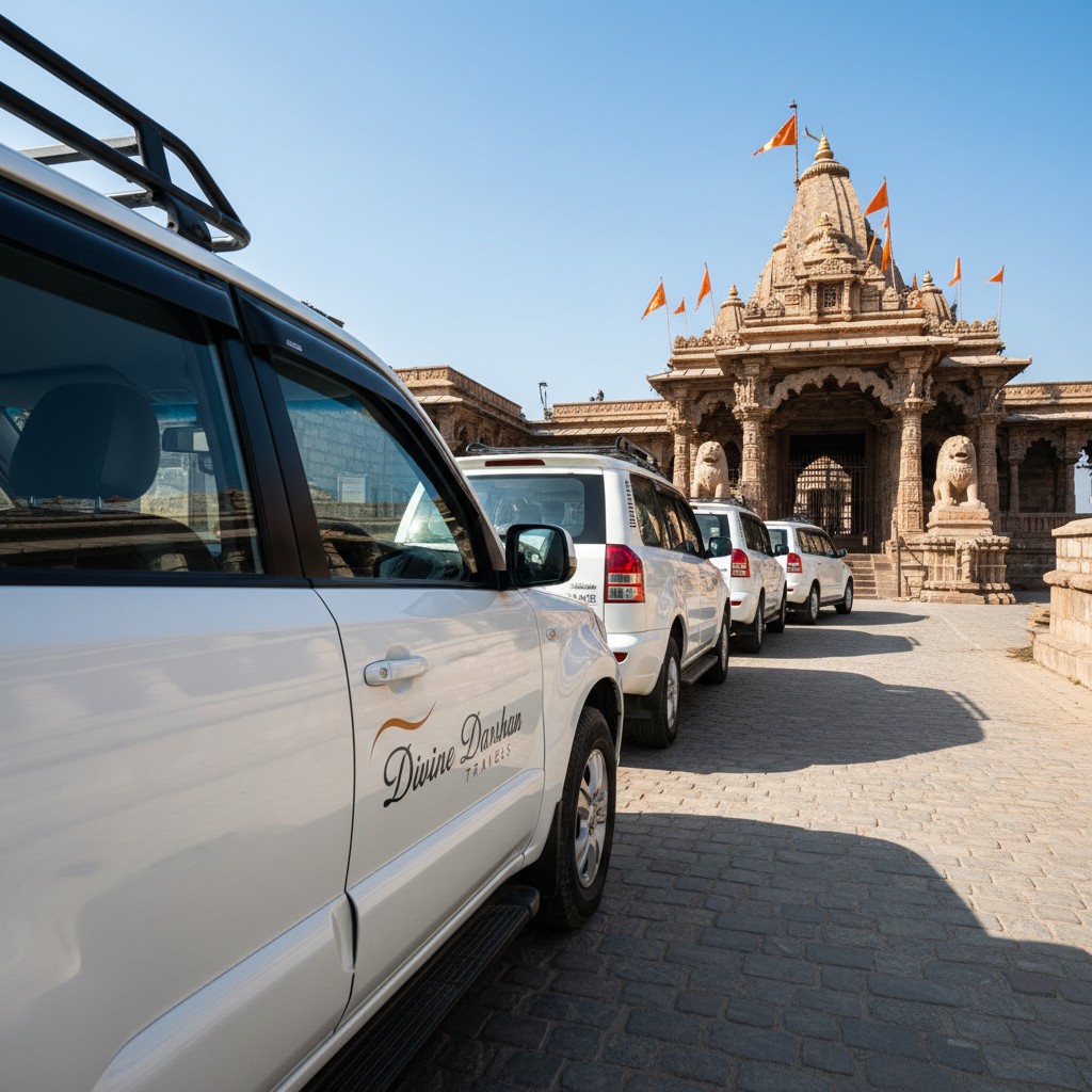 [alt text] A row of parked white cars in front of a large, ornate Indian temple with several orange flags flying from its ...