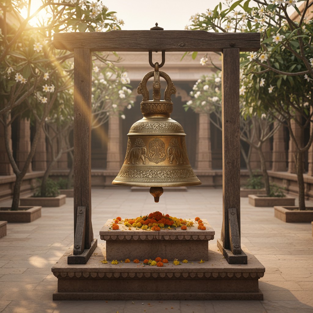If you're visually impaired, this image shows a golden bell adorned with intricate carvings of elephants, hanging from a w...