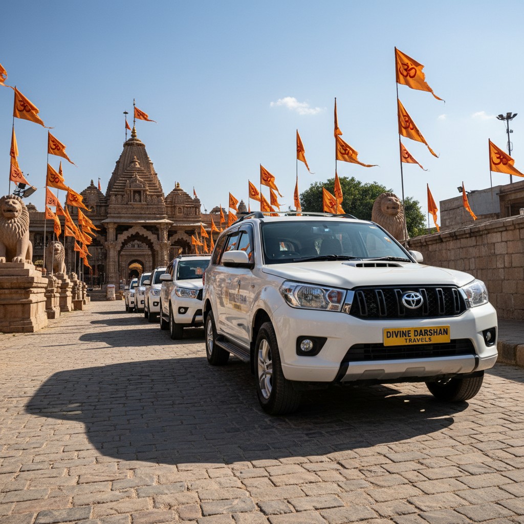 A car is parked on a brick road, with orange flags and stone lions surrounding it, a temple in the background, alongside a...