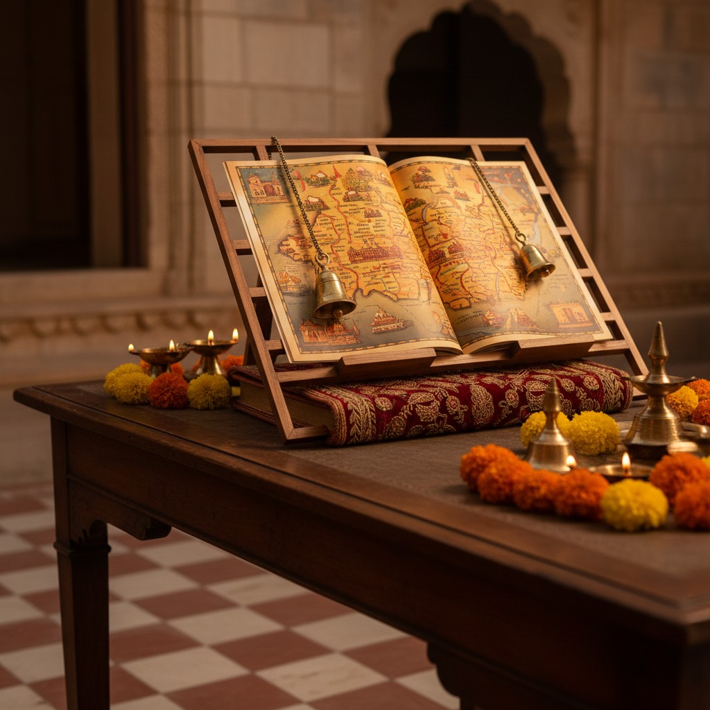 Southeast Indian country on a handbook lying on a table adorned with incense and marigold blossoms.